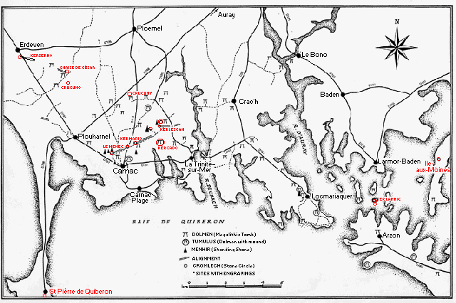 Map of Carnac region showing location of cromlechs/stone circles