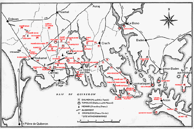 Map of laocations of dolmen in the Carnac region